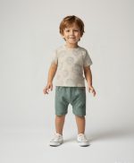%100 Pamuklu Waffle Erkek Bebek Aslan Baskı ve Aplikeli Çıtçıtlı Tshirt & Patlı Düğmeli Şort Takım - Görsel 5