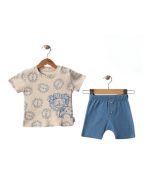%100 Pamuklu Waffle Erkek Bebek Aslan Baskı ve Aplikeli Çıtçıtlı Tshirt & Patlı Düğmeli Şort Takım