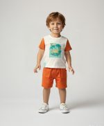 %100 Pamuklu Waffle Natural Erkek Bebek Tropikal Baskılı Çıtçıt Yakalı Tshirt&Şort Takım - Görsel 5