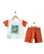 %100 Pamuklu Waffle Natural Erkek Bebek Tropikal Baskılı Çıtçıt Yakalı Tshirt&Şort Takım