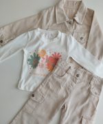 %100 Pamuklu Kız Çocuk Gabardin 3'lü Takım (Cepli Gömlek-Uzun Kollu Body-Kargo cepli Pantolon) - Görsel 5